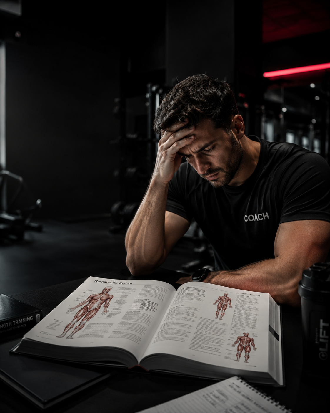 Entrenador agobiado · libro de anatomía